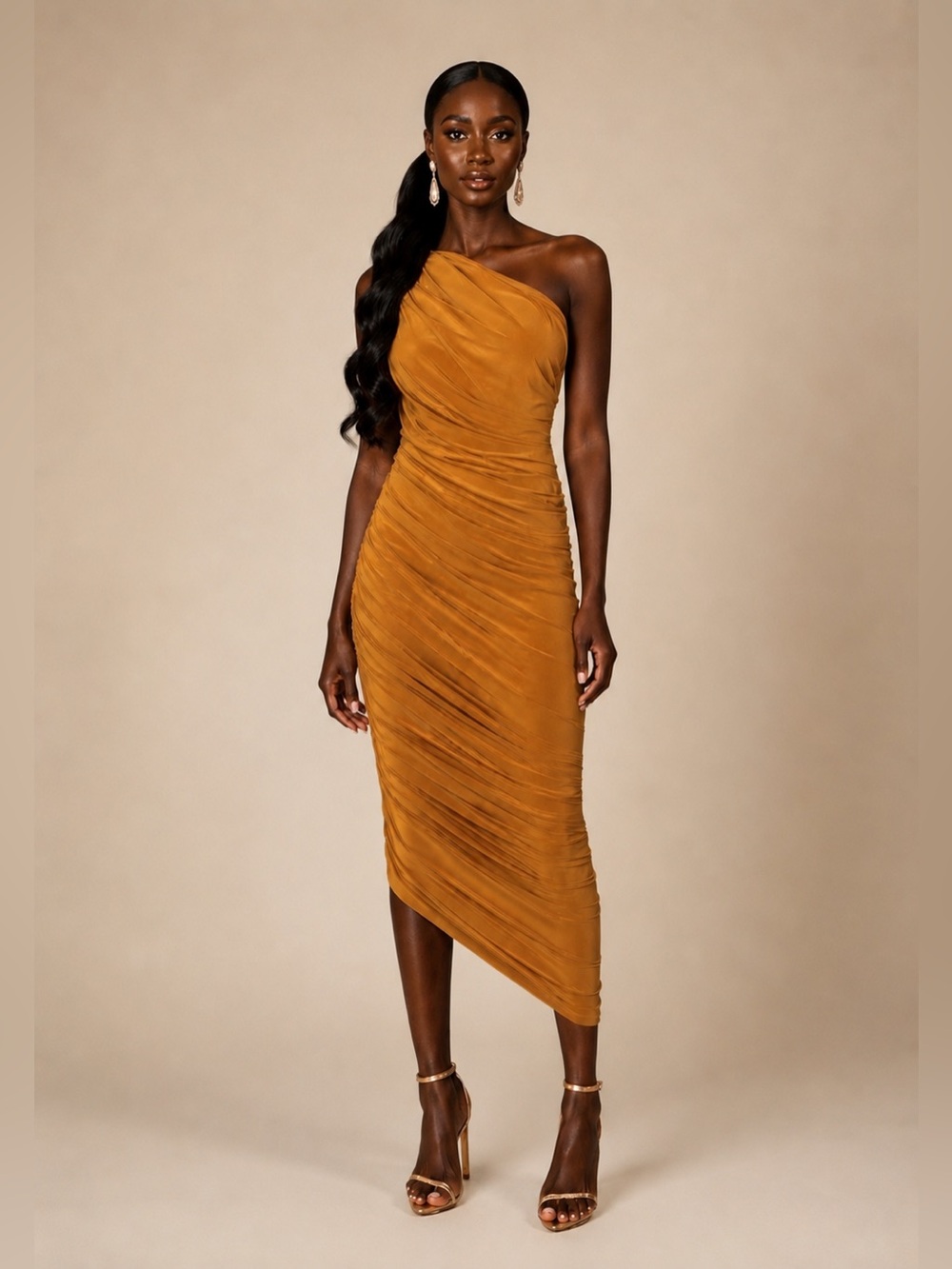 Norma Kamali Diana Ruched Asymmetrical Maxi Gown XS Gold One Shoulder Dress